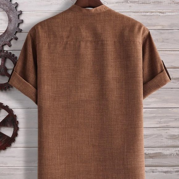 Coffee Brown Preppy Womens Men Half Button Roll Up Sleeve Shirt - Picture 2 of 4